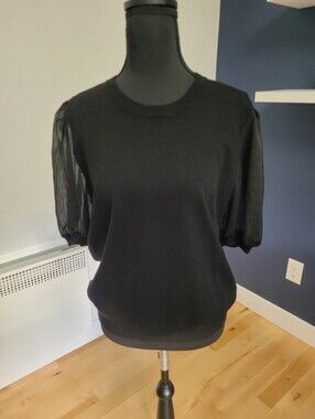 001 - Simons / Contemporaine - Black Sheer Puff-Sleeve Knit Top Large